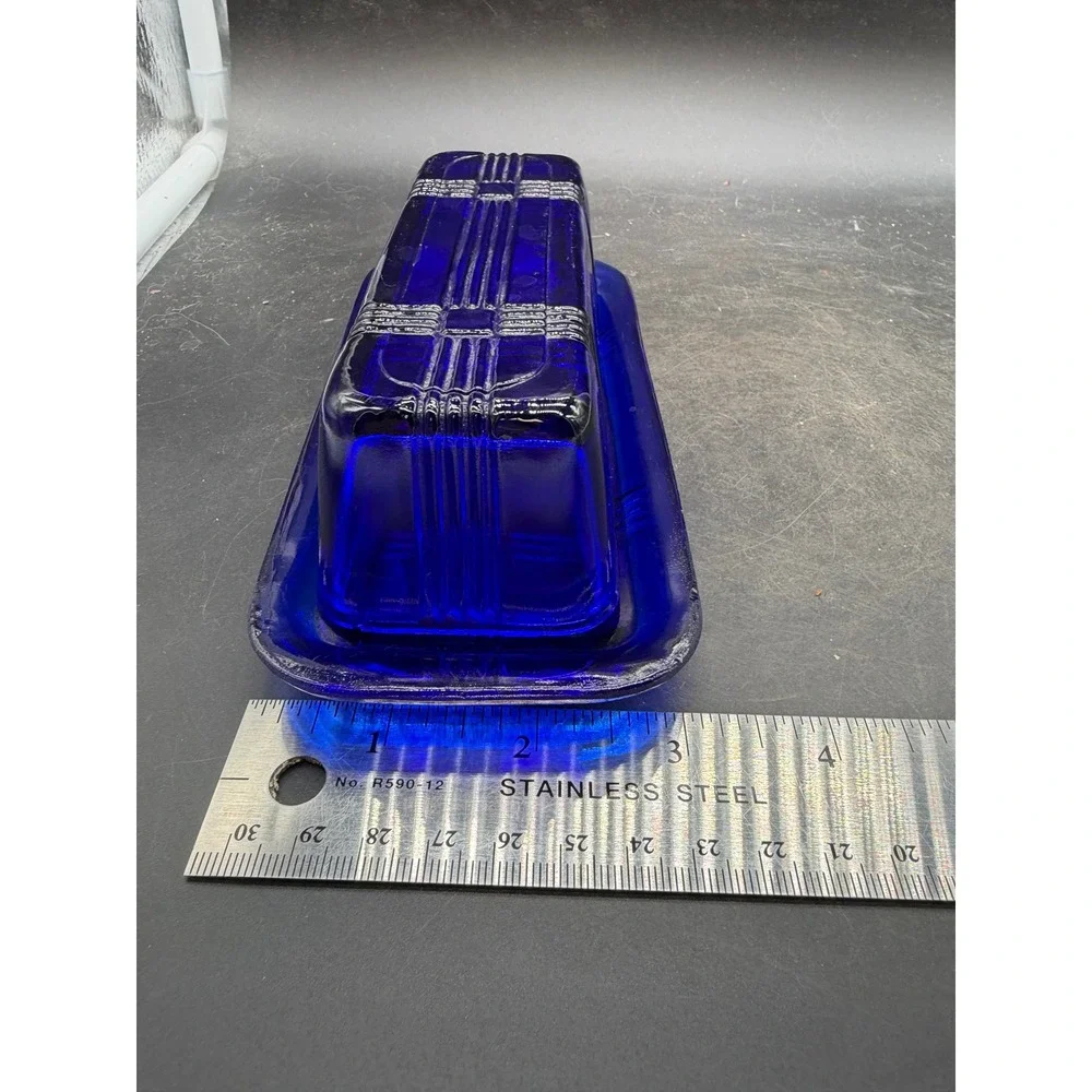 Hazel Atlas Cobalt Blue Glass Butter Dish Moderntone Art Deco Vintage 2 Piece